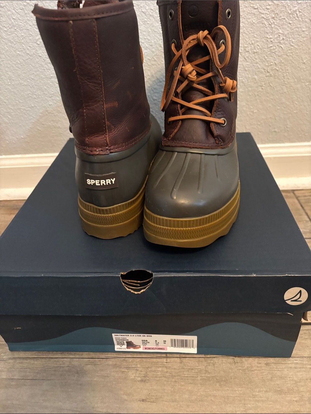 Sperry Brown Leather and Olive Rubber Duck Boots with Gum Sole